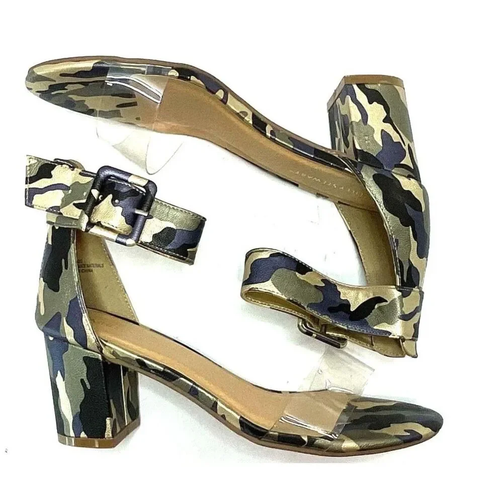 Ashley Stewart Women's Camo Ankle Strap Sandals Clear Toe Band Heels Size 8W